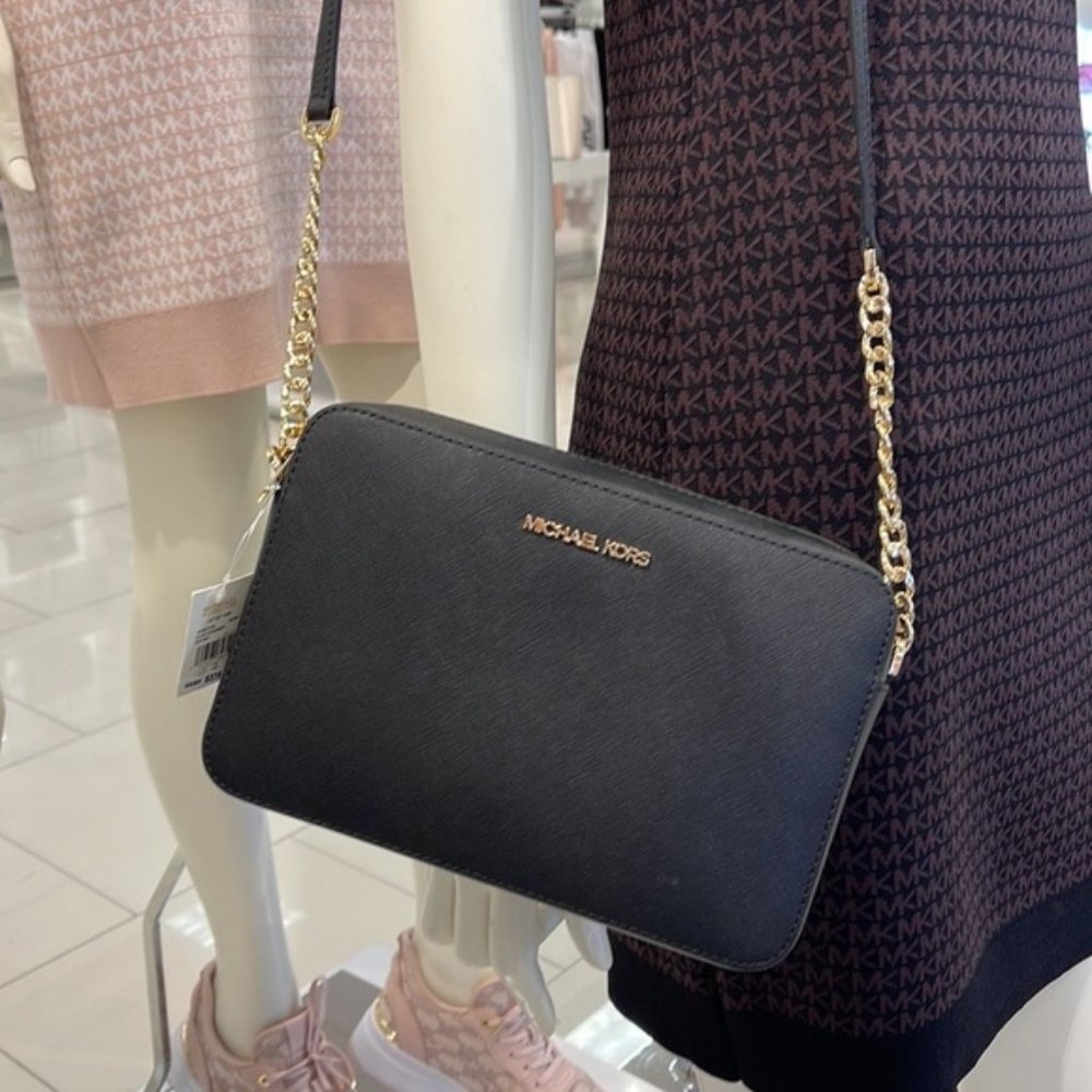 Michael Kors Jet Set Item Large East West Zip Crossbody Leather Black - Picture 1 of 16